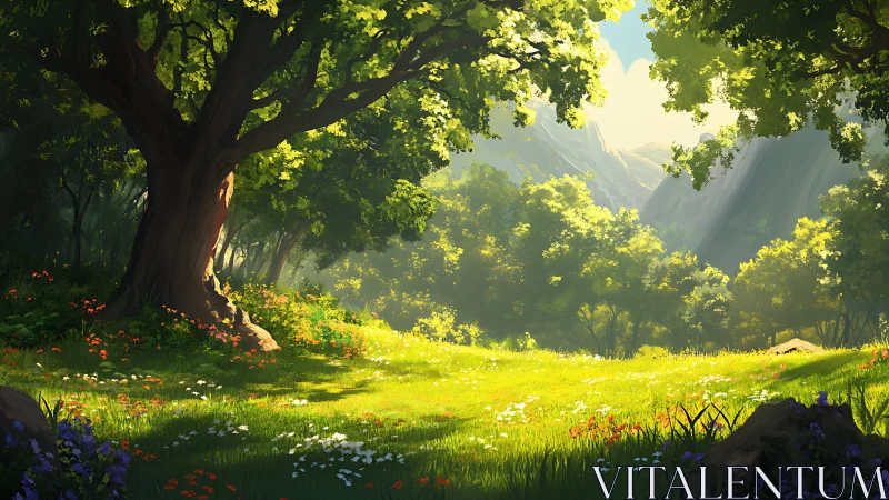 Alpine Valley Landscape: Luminous Forest Canopy with Distant Mountains