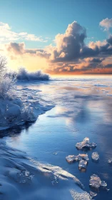 Gentle winter river glowing beneath a soft golden sunrise.