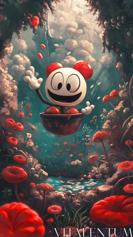 Spherical mascot hovering above bioluminescent forest pool.