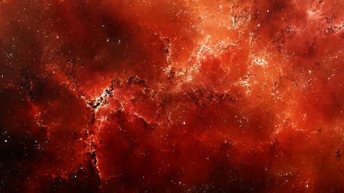 Red emission nebula with dense ionized gas and starfields
