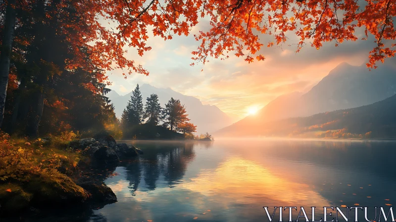Autumn mountainside lake glows in soft golden sunrise light.