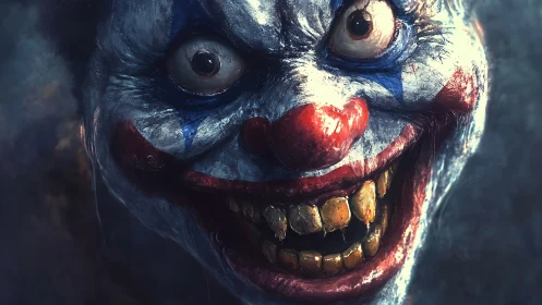 Grotesque killer clown grins with decayed yellow teeth