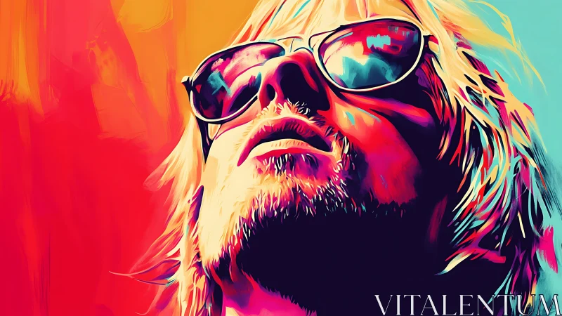 Portrait of person in sunglasses rendered in bold neon colors