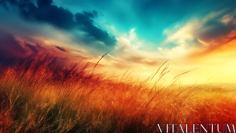 Radiant sunset meadow under dramatic cyan and gold sky.