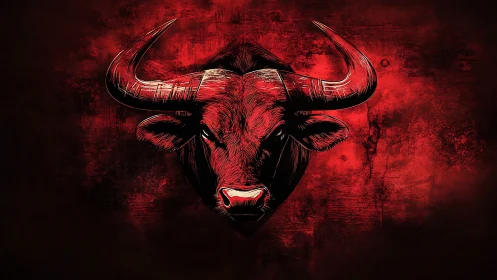 Crimson horned bull blazing against a stormy red dusk.