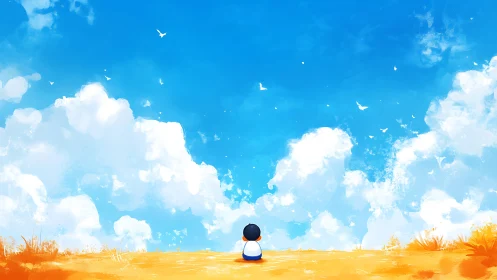 Small character under bright blue sky with clouds.