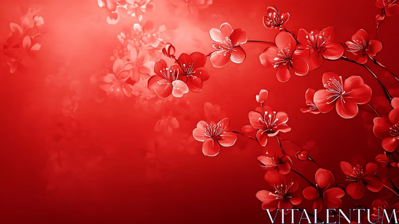 Luminescent Cherry Blossoms Against Crimson Field Background.
