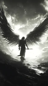 Radiant winged guardian walking through a stormlit horizon.