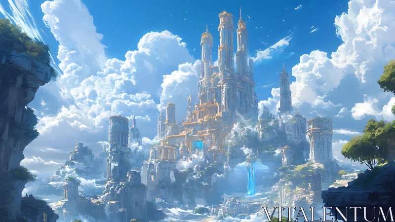 Skyward stone citadel rising among dense white cloud formations.