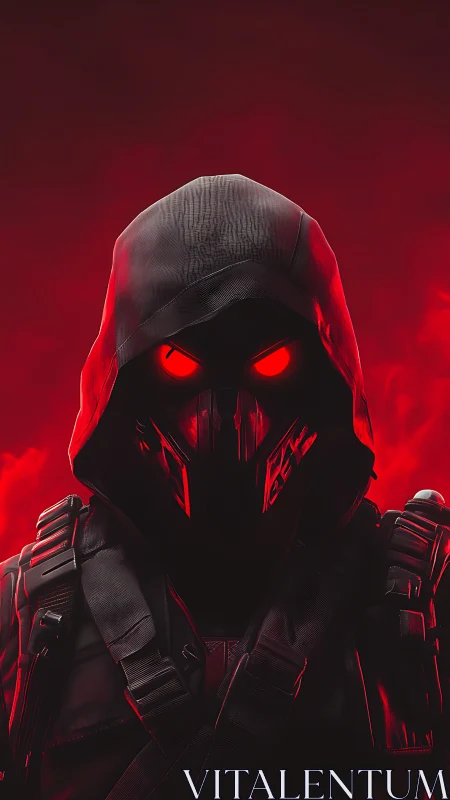 Hooded masked figure stands centered in red atmospheric glow