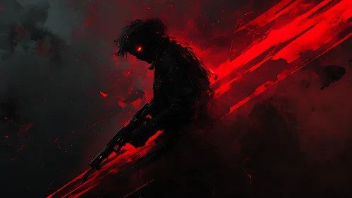 Shadow operative with glowing eyes in red particle storm.