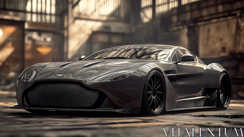 Low-slung black supercar in abandoned industrial warehouse.