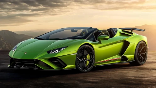 Green Lamborghini roadster cuts horizon with razor aerodynamics.