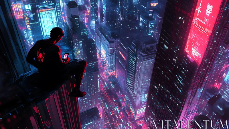 Neon rooftop watcher resting above the humming city glow.