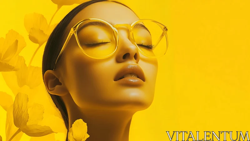 Radiant woman in yellow glasses savors a sunlit daydream