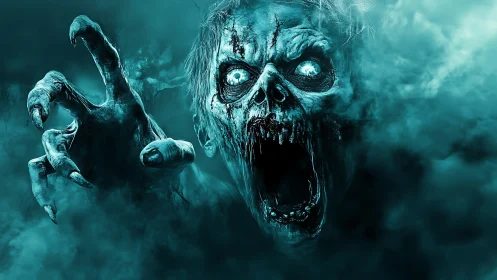 Decayed skull entity emerges from volumetric teal fog with clawed hand