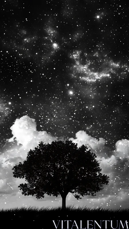 Silhouette tree under glittering starfield night sky.