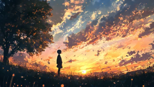 Solitary figure observing vivid sunset sky from hillside.