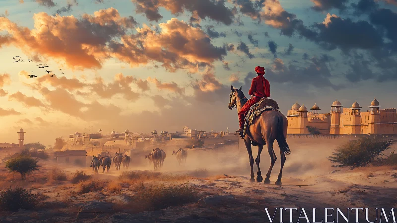Horse rider in red observes dusty caravan near desert fort