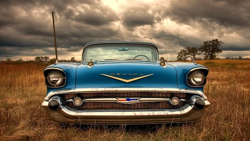 Storm-chasing blue classic car posing proud in wild prairie.