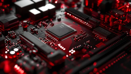 Red lit computer motherboard closeup shows central processor