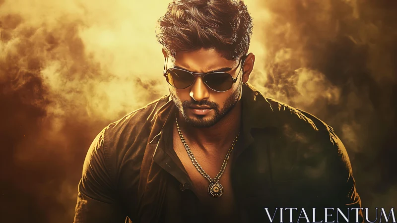 Brooding man in sunglasses stands amid golden cinematic smoke