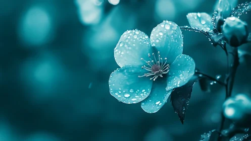 Dewdrop-Covered Petals: Macro Aqua Floral with Shallow Depth of Field