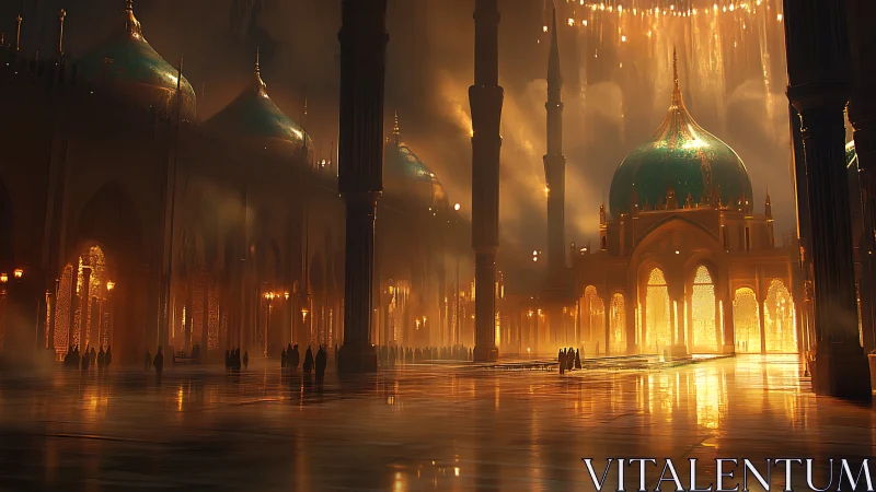 Luminous domed courtyard with volumetric haze and reflective stone