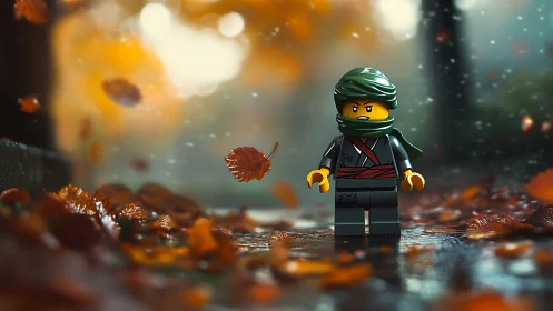 Lego ninja minifigure stands on wet autumn street with shallow depth
