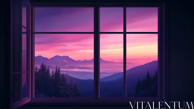 Window frame presents layered mountains under pink sky