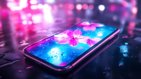 Neon-lit smartphone surface with floral holographic display detail.