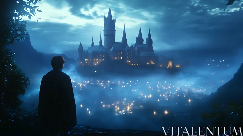 Silhouetted figure overlooking luminous foggy hilltop castle.