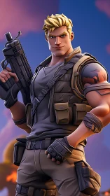 Battlefield rogue with blond swagger and stylized firepower.