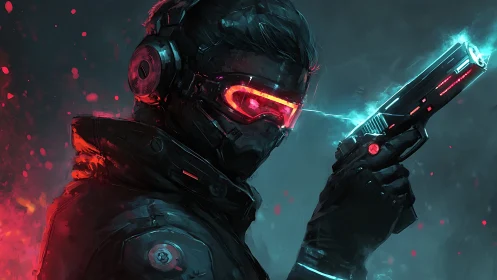 Cyberpunk gunslinger with neon visor and tactical pistol.