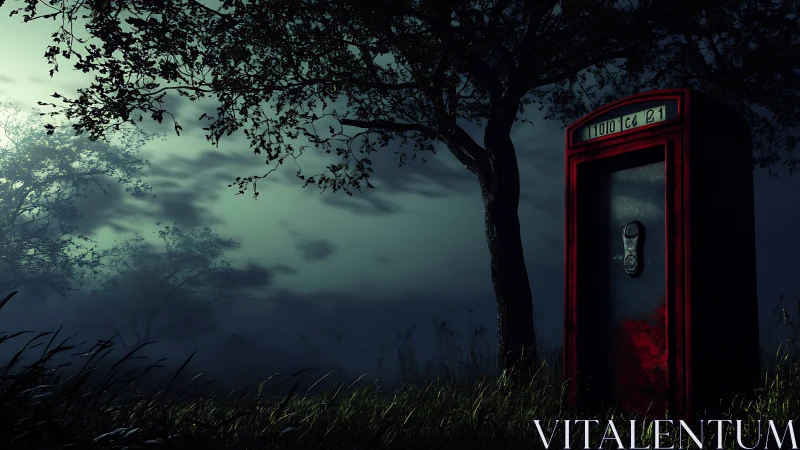 Midnight red phone booth broods in a mist-drenched forest.