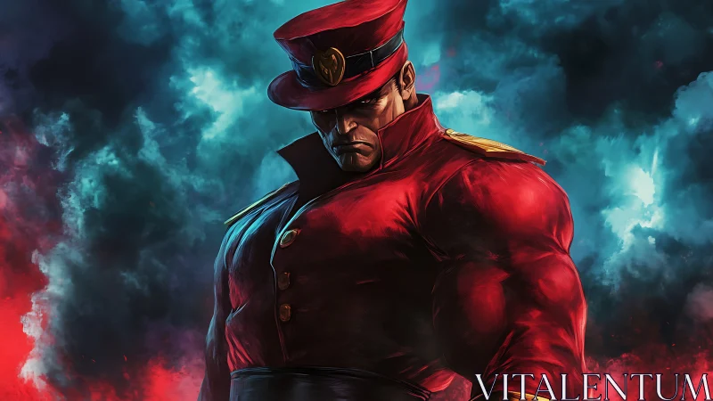 Muscular officer in red uniform stands before smoky clouds