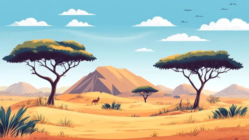 Stylized savannah landscape with acacia trees and hills.
