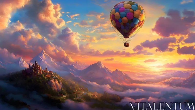Colorful hot air balloon over fantasy mountain kingdom.