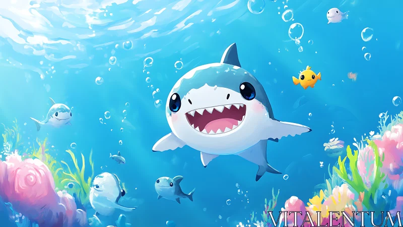 Cartoon shark swims underwater with fish and coral reef