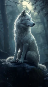 Moonlit silver wolf sentinel guarding a misty forest verge.