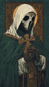 Sanctified Reaper in ornate vestments cradling a gilded cross.