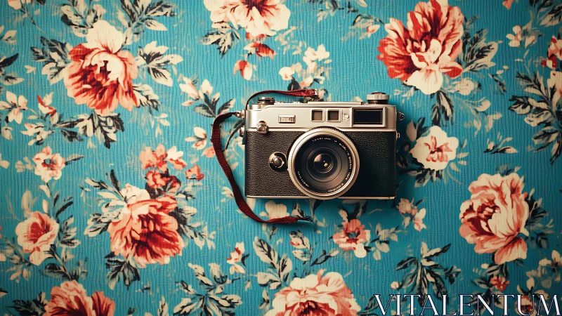 Vintage rangefinder camera on teal floral patterned backdrop
