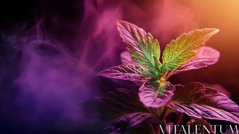 Neon-lit plant leaves in dramatic purple orange haze.