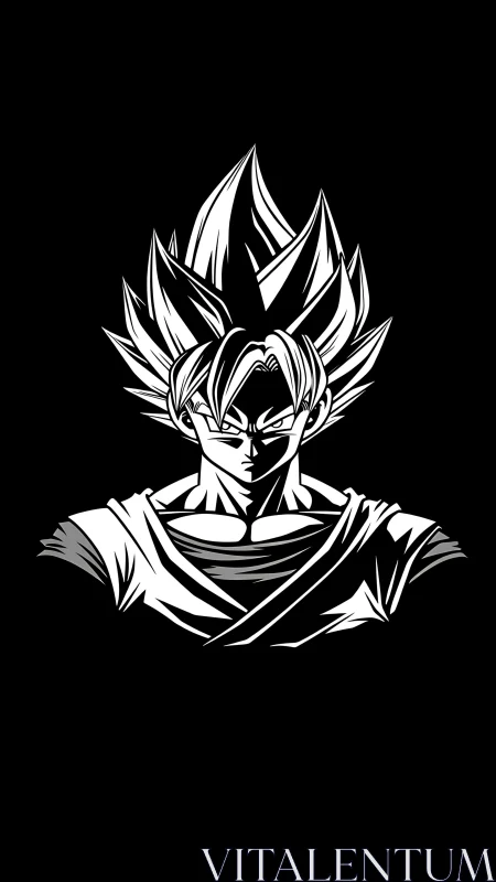 High-contrast monochrome anime warrior bust on black field