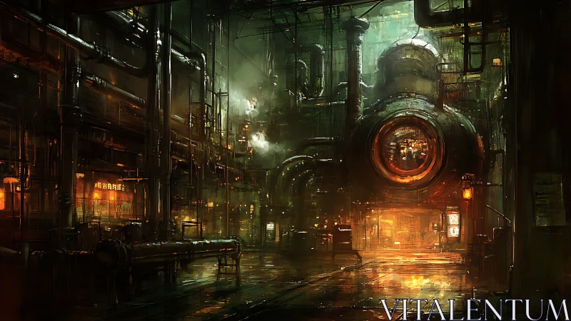 Industrial reactor hall glows with saturated volumetric steam lighting