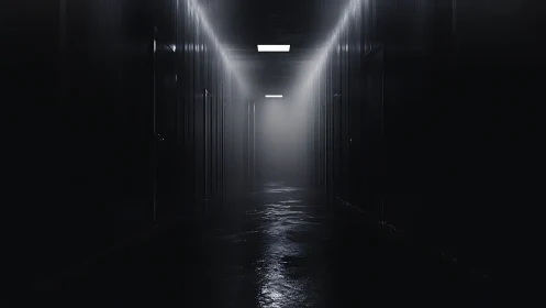 Long wet corridor under stark fluorescent ceiling panels receding