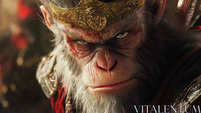 Hyperreal warrior monkey king portrait with ornate gold crown