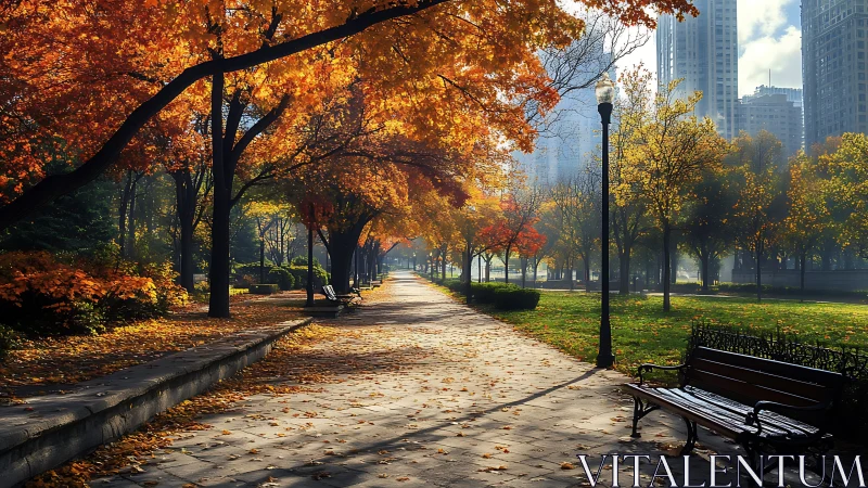 Urban park promenade under golden autumn tree canopy