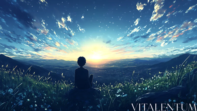 Quiet hillside sunrise with a dreaming skywatcher at dawn.