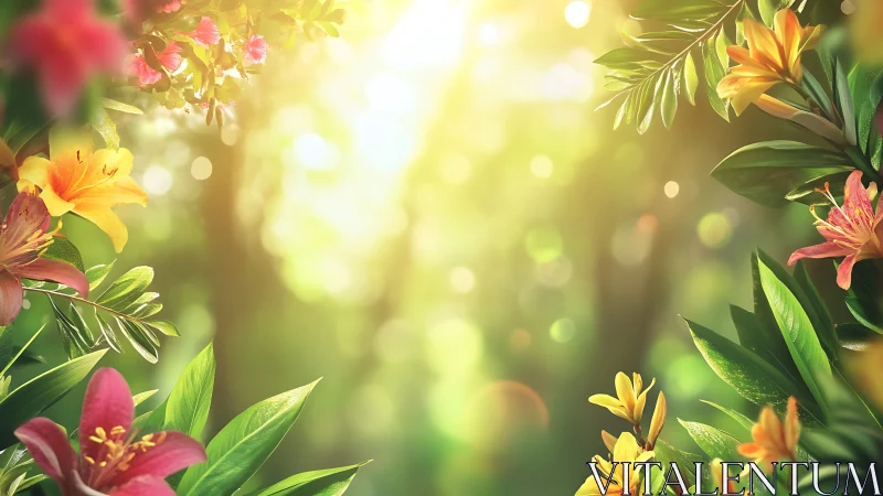 Sunlit Garden: Tropical Flowers Framing Radiant Light